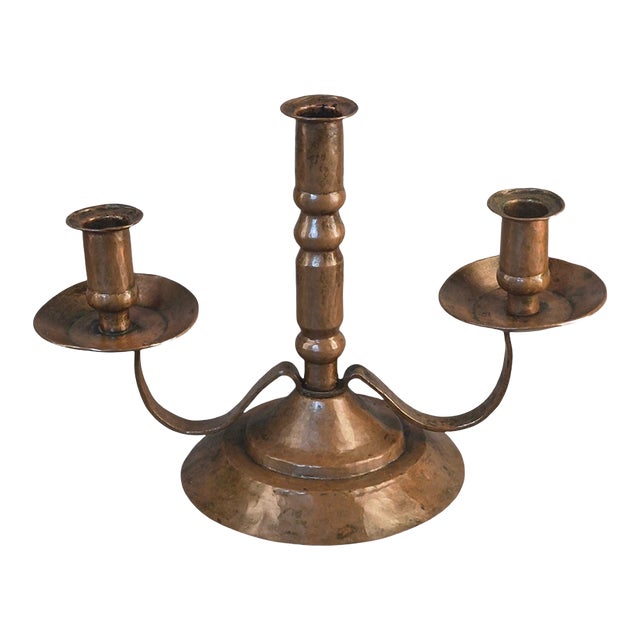 Vintage Arts & Crafts Hand Hammered Copper Three Light Candle Holder For Sale