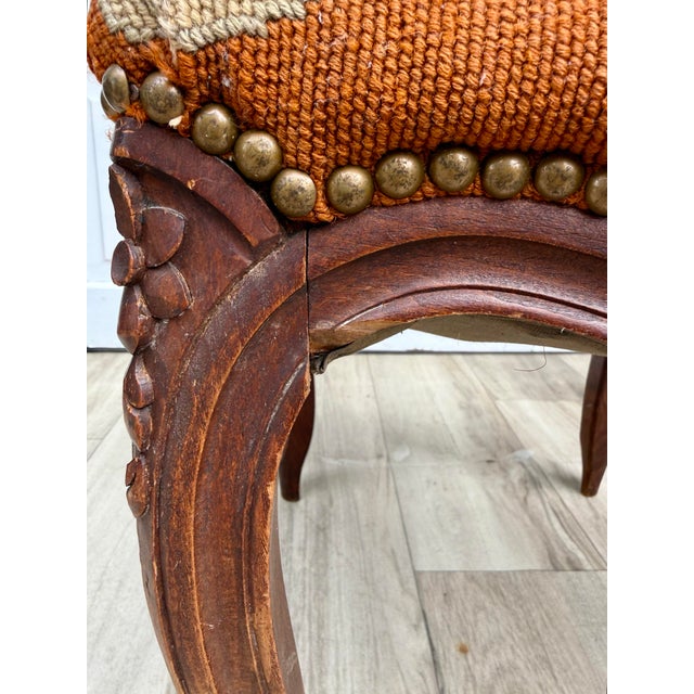 Antique French Louis XV Style Carved Wood Figural Needlepoint Footstool For Sale - Image 11 of 15