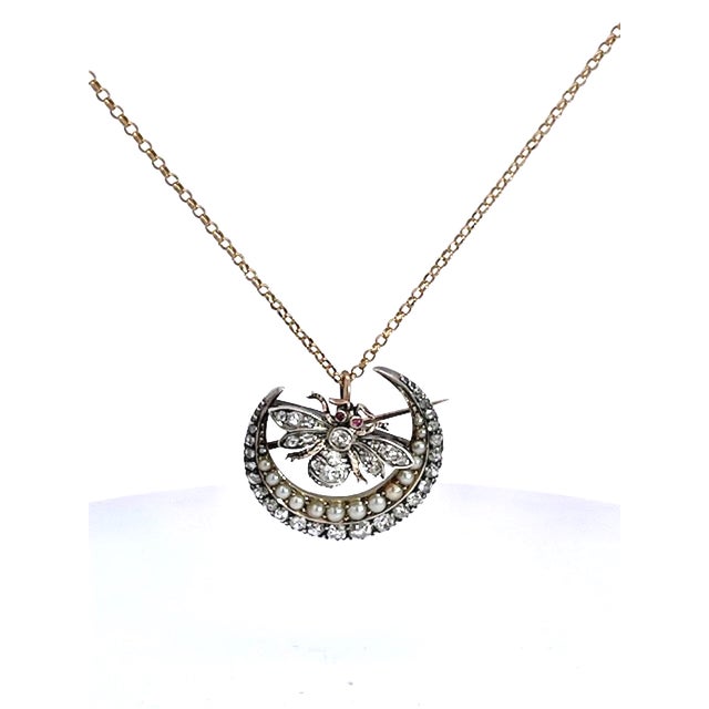 Victorian Early 20th Century Victorian Diamond Pearl Crescent W/Bee For Sale - Image 3 of 9
