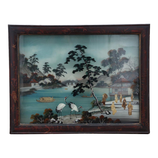 Antique Japanese Reverse Glass & Mother-of-Pearl Painting – "Cranes at Mt. Fuji" For Sale