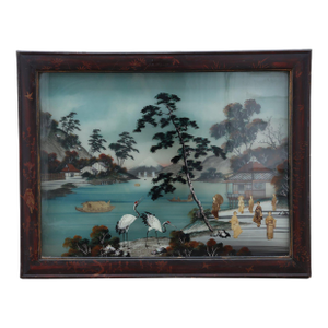 Antique Meiji Period Japanese Reverse Glass Painting - Mother of Pearl Inlay - Cranes at Mt. Fuji - C. 1890