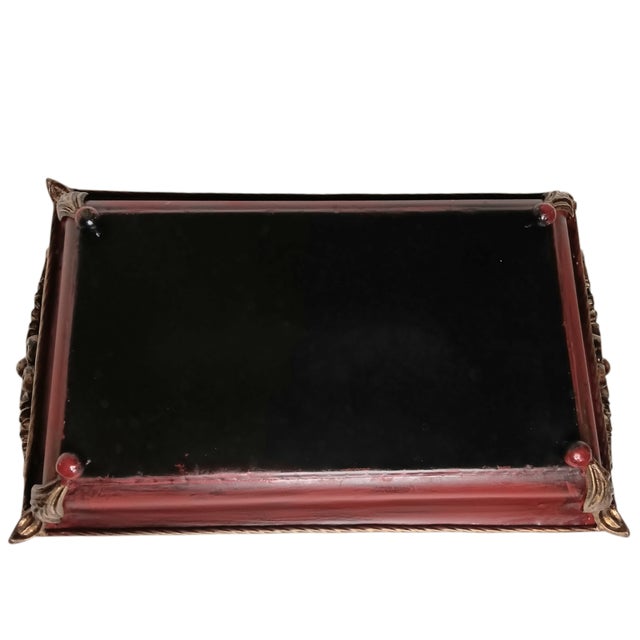 Hollywood Regency Large Metal Serving Tray Cranberry Red and Gold Leaf Vine Design Ornate Handles For Sale - Image 3 of 18