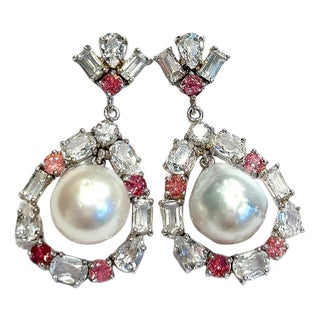 Bochic "Orient" Vintage Pink Sapphire, Topaz & Pearls Earrings Set 18K Gold & Silver For Sale