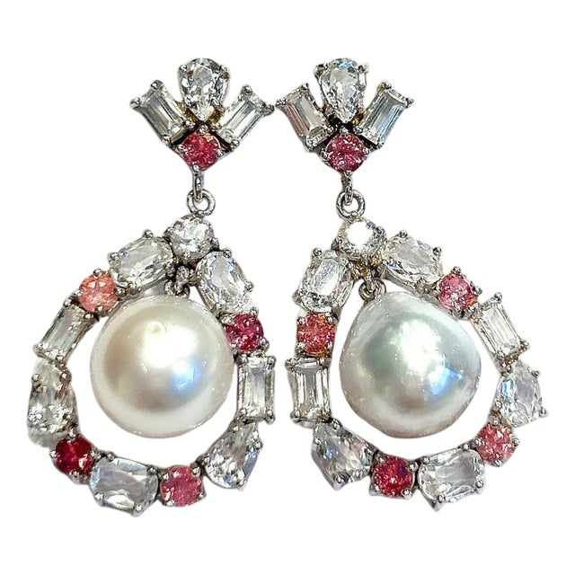 Bochic "Orient" Vintage Pink Sapphire, Topaz & Pearls Earrings Set 18K Gold & Silver For Sale