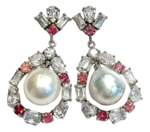 Bochic "Orient" Vintage Pink Sapphire, Topaz & Pearls Earrings Set 18K Gold & Silver
