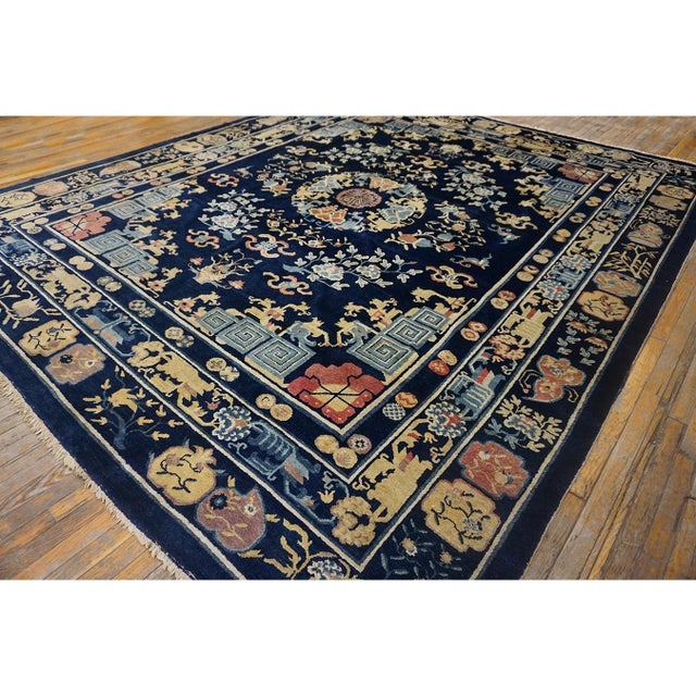 1890s Navy Blue Medallion Qing Antique Chinese Peking Room Size Wool Pile Rug For Sale - Image 10 of 10