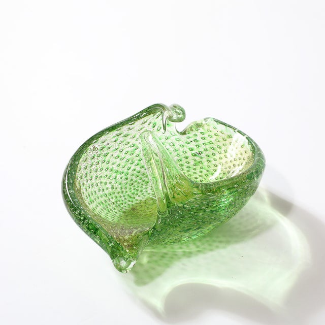 This dynamic Mid-Century Modernist Hand-Blown Murano Glass Dish in Lime Green with Bullicante Detailing & 24Karat Gold...