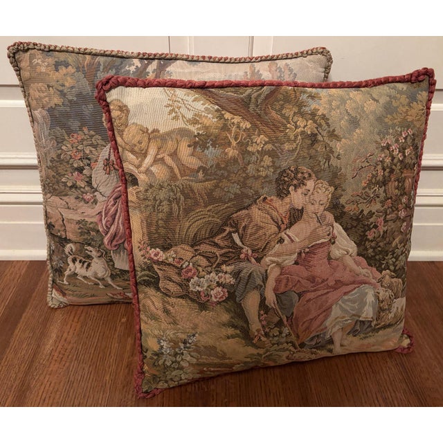Large Pair Vintage French Tapestry Pillows For Sale - Image 4 of 7