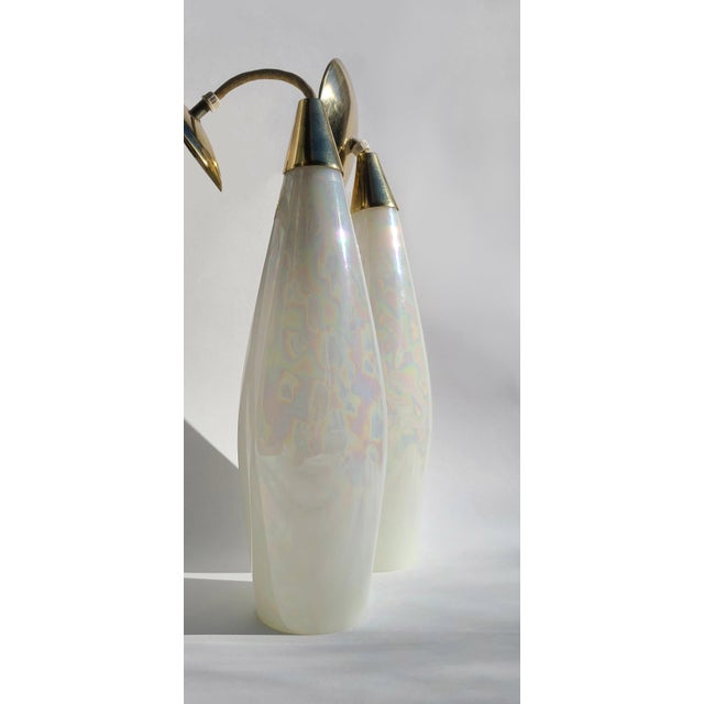 Two Mother of Pearl handblown glass cone pendant lights boast beautiful pastels, ever-changing in the light. Each teardrop...