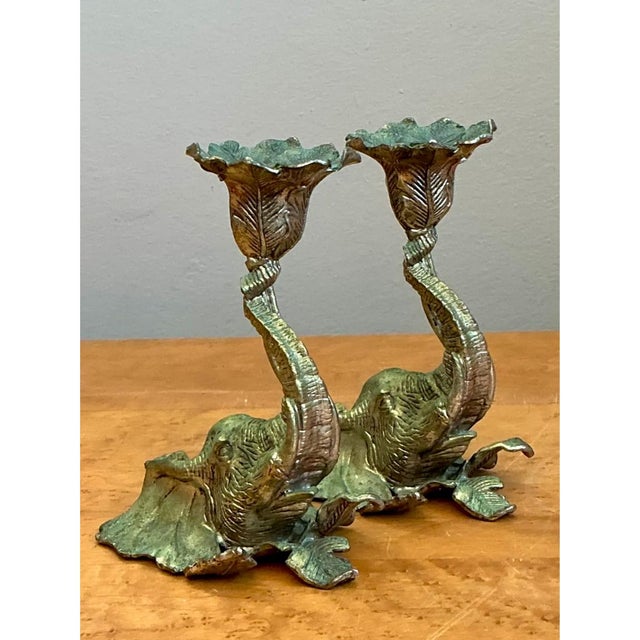 Hollywood Regency Vintage Brass Elephant Candlesticks - Pair For Sale - Image 3 of 12