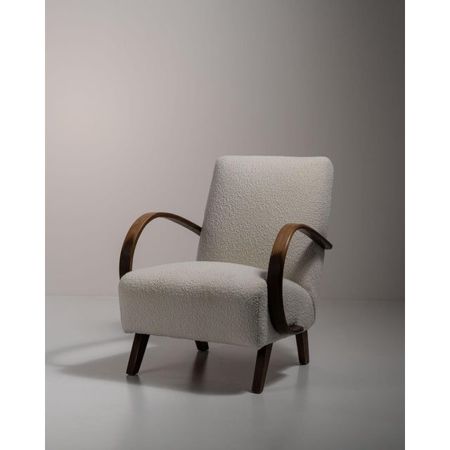 Mid 20th Century 20th Century Czech Republic Warm Ivory Boucle Bentwood-Arm Lounge Chair For Sale - Image 5 of 10