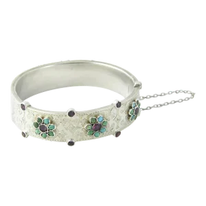 Fine Austro Hungarian Ruby Turquoise Flower Etched Silver Bangle Bracelet