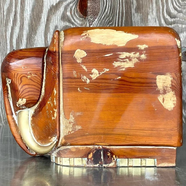 Vintage Boho Carved Wood and Brass Elephant For Sale - Image 9 of 12