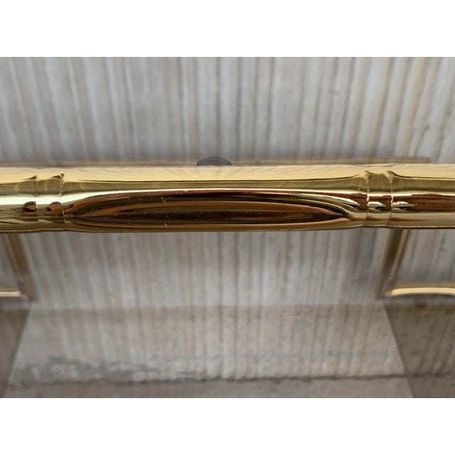 Gold Mid-Century Modern Italian Faux Bamboo Gilt Metal Console With Smoked Glass For Sale - Image 8 of 13