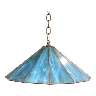 Vintage Tiffany Style Turquoise Blue Leaded Stained Glass Pendant Light For Sale