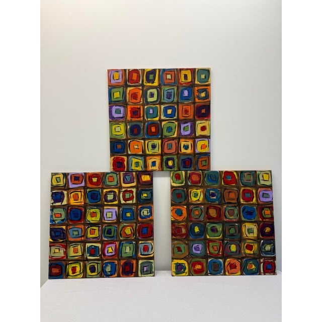 Set of 3 Original Paintings Abstract Squares, Multi Colored on Square Canvas For Sale - Image 11 of 11