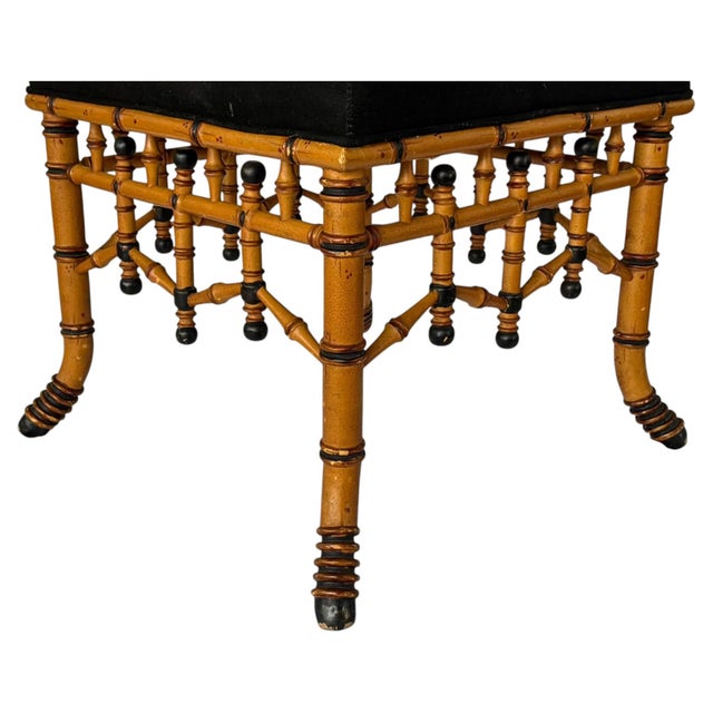 Vintage Regency Style Faux Bamboo Accent Bench With Black Upholstered Seat #2 For Sale In Tampa - Image 6 of 10