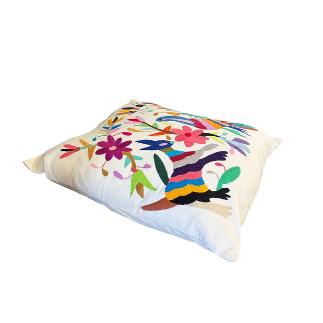 Beige Mexican Otomi Embroidery Textile Pillow 16" W For Sale - Image 8 of 8