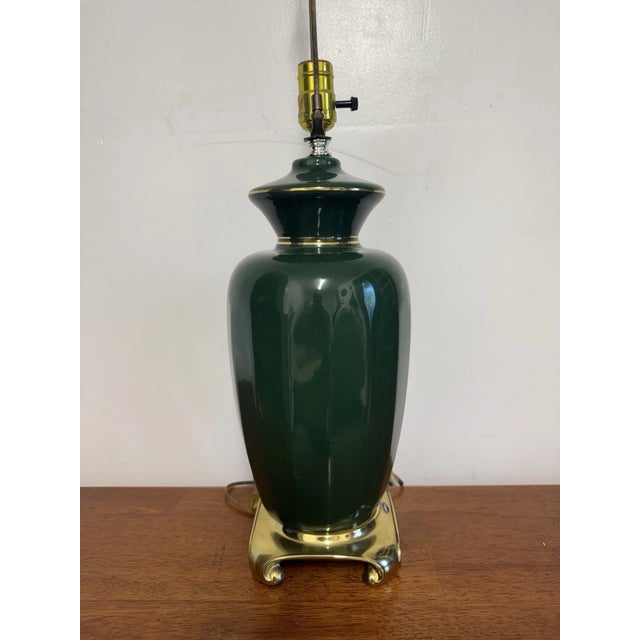 Ceramic Mid Century Hollywood Regency Green Ceramic Table Lamp Brass Base Vintage 30” Tall For Sale - Image 7 of 12