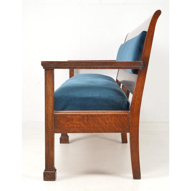 Mid 20th Century Traditional 96.375 In. Blue Velvet Walnut Settee Bench For Sale - Image 9 of 11
