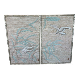Don Freedman Pair Wall Tapestry Framed Bamboo Woven Textile Silk Art Birds For Sale