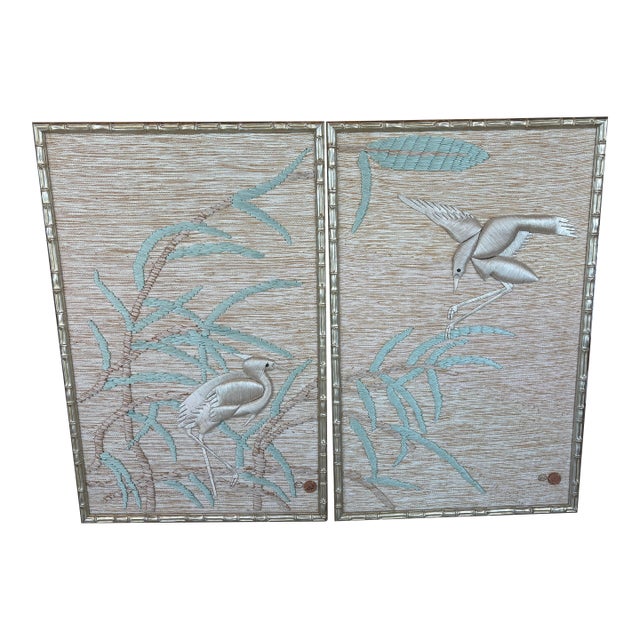 Don Freedman Pair Wall Tapestry Framed Bamboo Woven Textile Silk Art Birds For Sale