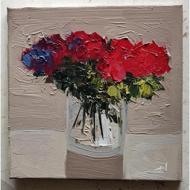 An impressionist oil painting of red flowers, by Vivek Mandalia. Frame and hang in your home. 30 x 30 cm 12 x 12 Inches