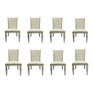 Transitional French Style Linen Dining Side Chairs Set of 8 For Sale