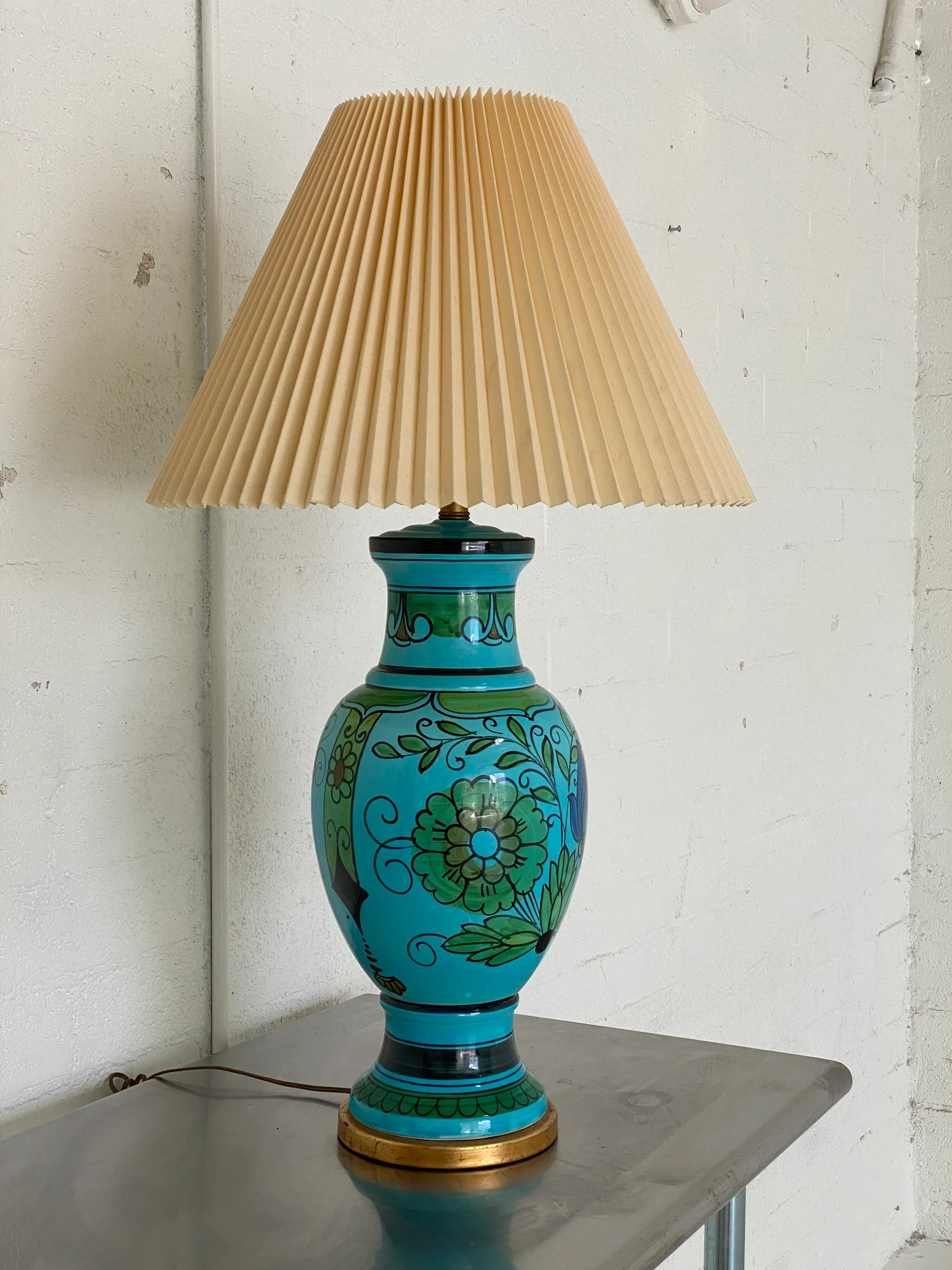 Vintage Turquoise Floral Italian Ceramic Table Lamp | Chairish