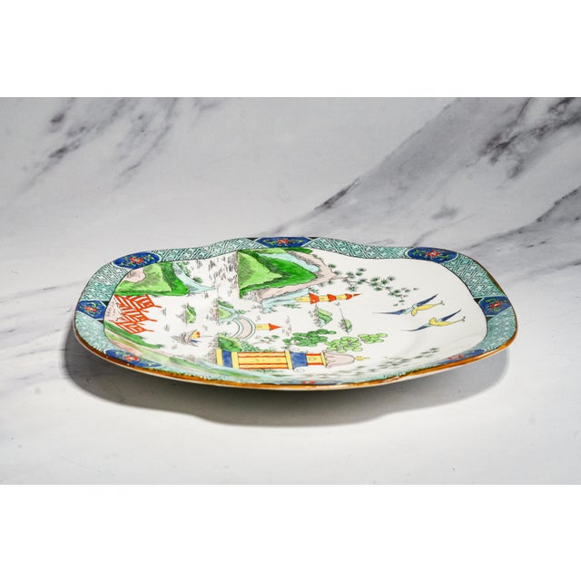 English Hand Painted Square Antique Porcelain Cake Plate Ye Olde Willow Crown Staffordshire Asian Chinoiserie Tiffany & Co Home Decor For Sale - Image 12 of 16