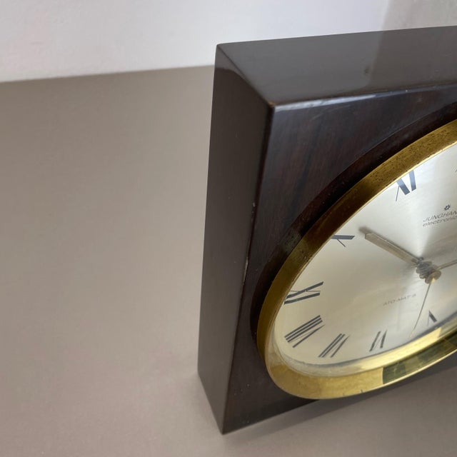 Modernist Wood and Brass Table or Wall Clock from Junghans, Germany, 1970s For Sale - Image 14 of 18