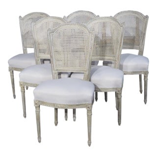 Set of 6 Painted and Caned French Louis XVI Style Dining Chairs, Early 1900s For Sale