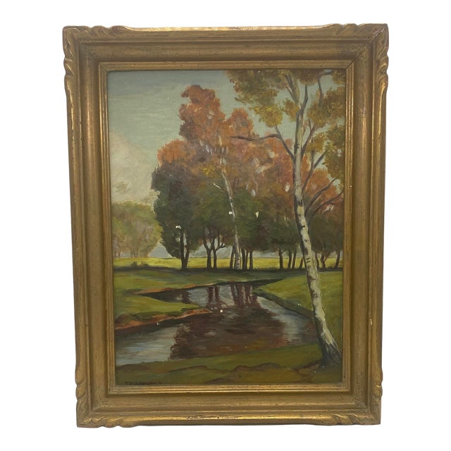 Mid 20th Century Gold Wood Framed Oil on Board “Rustic Landscape” by Artist T. H. Hayward For Sale