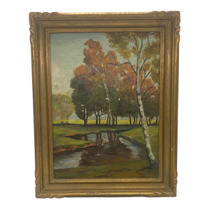 Mid 20th Century Gold Wood Framed Oil on Board “Rustic Landscape” by Artist T. H. Hayward