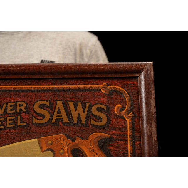 Early 20th Century Framed Atkins Silver Steel Saws Painted Tin Sign For Sale - Image 4 of 8