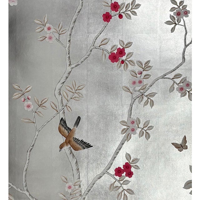 Silver Leaf Chinoiserie Hand-Painted Bird & Peony Wall Panels (Set of 5) For Sale - Image 6 of 7