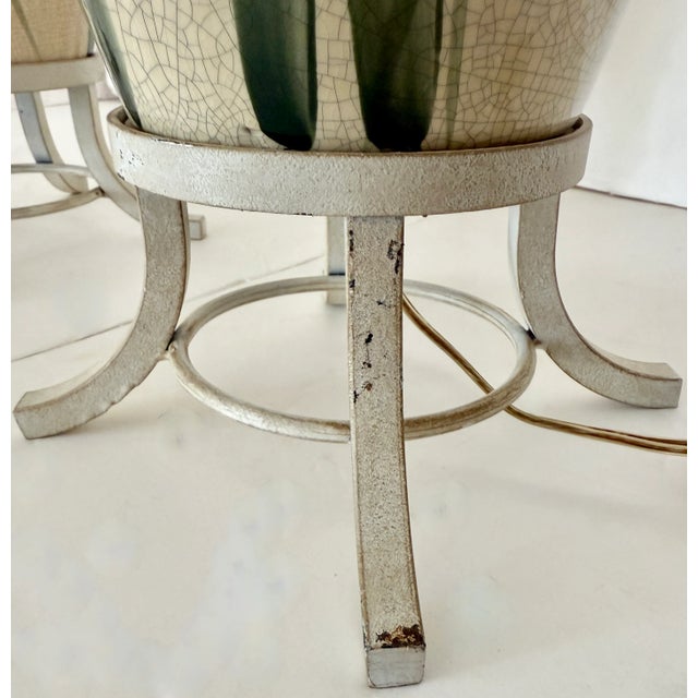 Pair of Ceramic Table Lamps With Hand Painted Flowers & Crackle Finish on Metal Stands. For Sale - Image 9 of 9