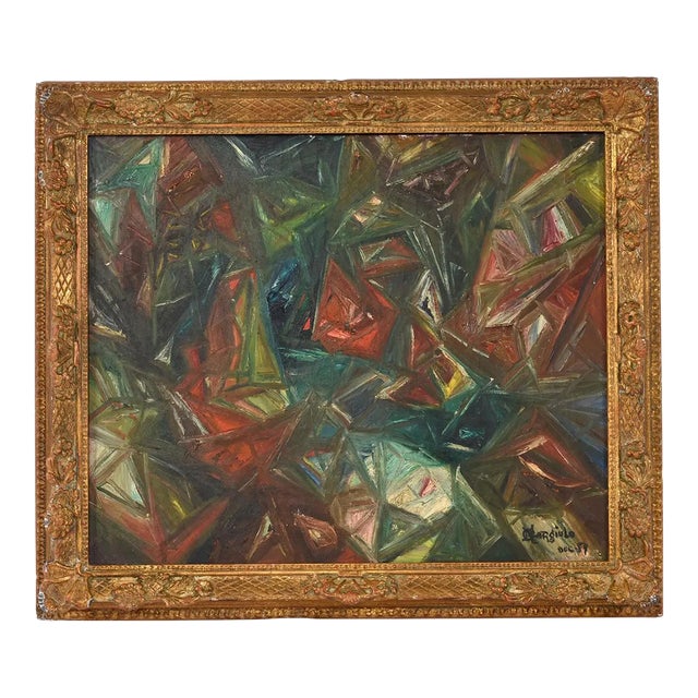 M Gargiulo 1959 Geometric Abstract Oil Painting in Ornate Vintage Gold Frame For Sale