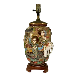 Antique Japanese Satsuma Lamp With Hight Relief Decoration