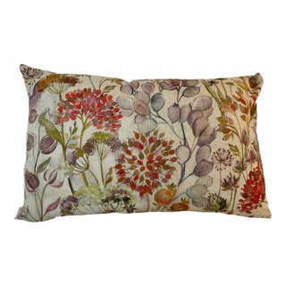 Large Bolster Pillow Adorned in Water Color Look Floral Pattern Made Up of Beautiful Reds, Purples & Oranges Against a Cream Background - Made in U K For Sale