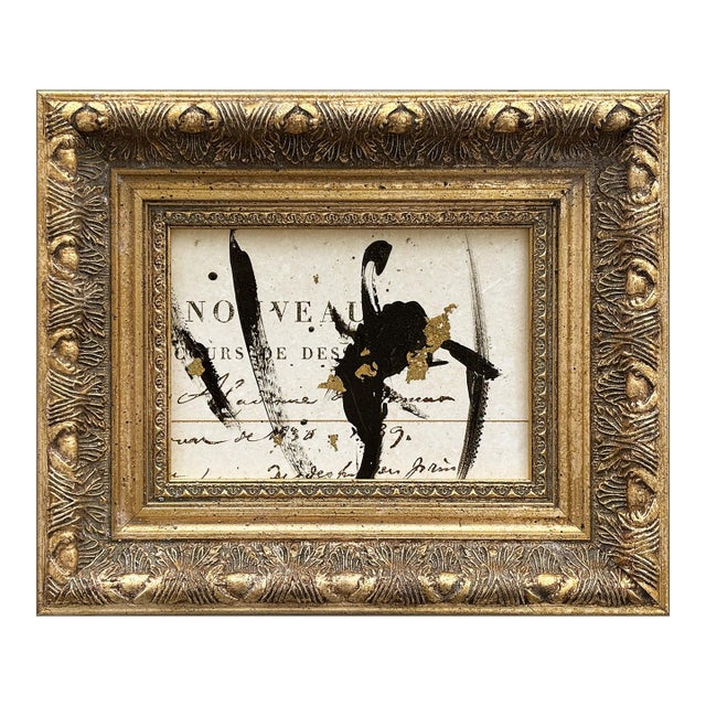 Contemporary Black and White Abstract Ink Painting in Vintage Frame For Sale
