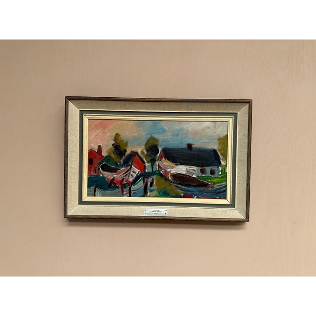 Louis Zelig, Boats in Fishing Village, 1950s, Oil on Panel, Framed For Sale - Image 11 of 18