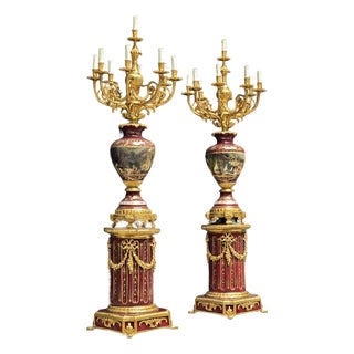 French-Style Porcelain Vase & Pedestal Set – Burgundy Porcelain, Gold Leaf, Bronze & Ornate Candelabra For Sale