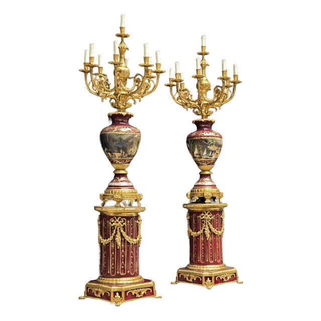 French-Style Porcelain Vase & Pedestal Set – Burgundy Porcelain, Gold Leaf, Bronze & Ornate Candelabra For Sale