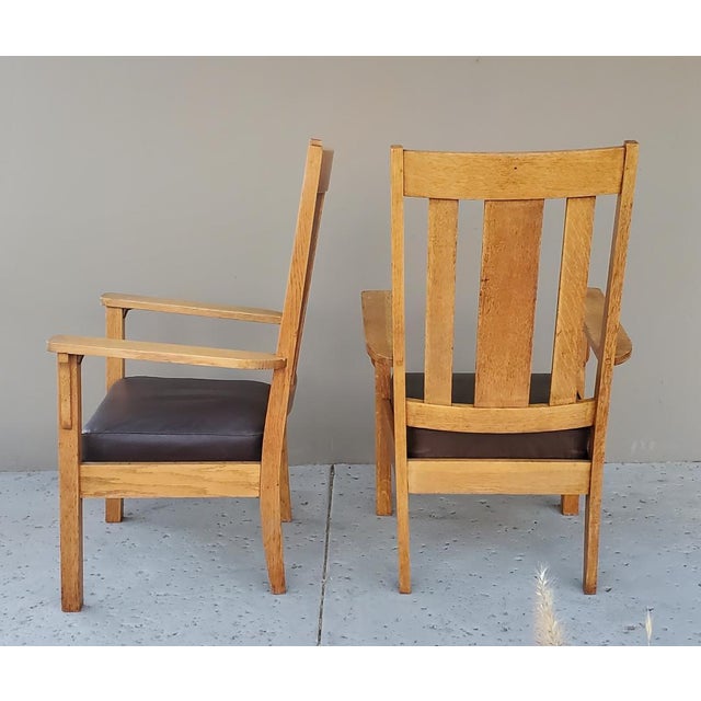 Early 20th Century 2 Matching 1910 Mission Quarter Sawn Oak & Removable Leather Seat Arm Chairs For Sale - Image 4 of 18