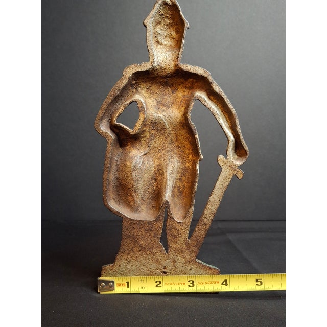 Antique Cast Iron Knight in Armor Doorstop Gold Red Paint 9" Figural Sentry For Sale - Image 4 of 14
