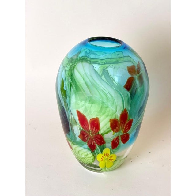 Aquamarine Murano Glass Vase with Star-Shaped Florals by Berit Johansson, 1980s For Sale - Image 15 of 18