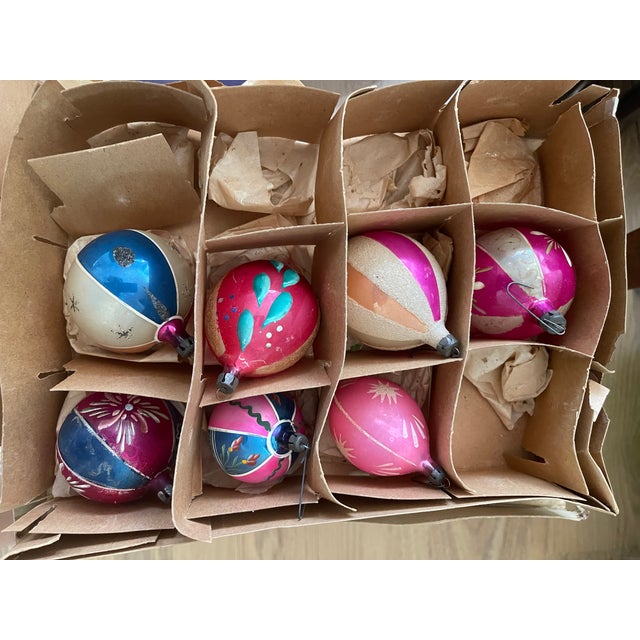 Shabby Chic 7 Antique Blown Glass Christmas Ornaments in Box For Sale - Image 3 of 8