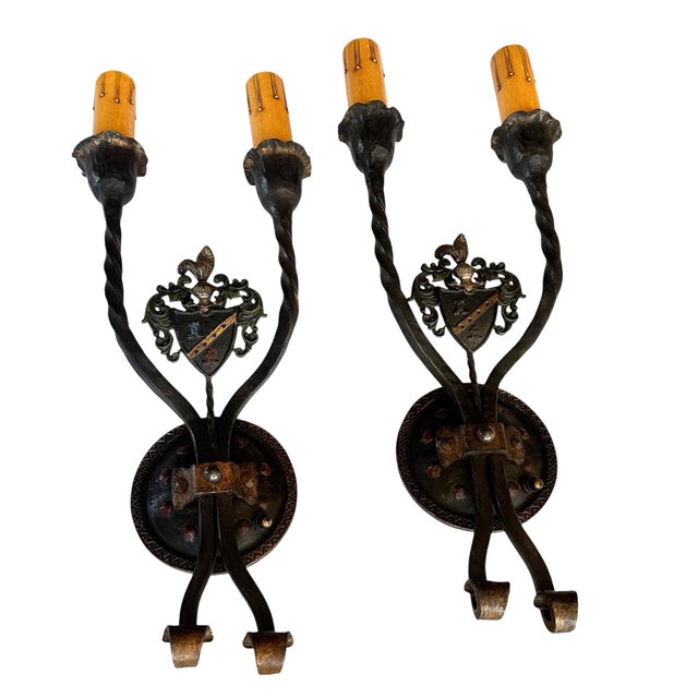 Mediterranean 1920s Iron and Brass Mediterranean Inspired Sconces With Shields and Strapping Detail - a Pair For Sale - Image 3 of 8