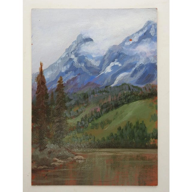 Acrylic on mat board painting of mountains and river. Signed Frances lower left corner, small area paint loss upper right...